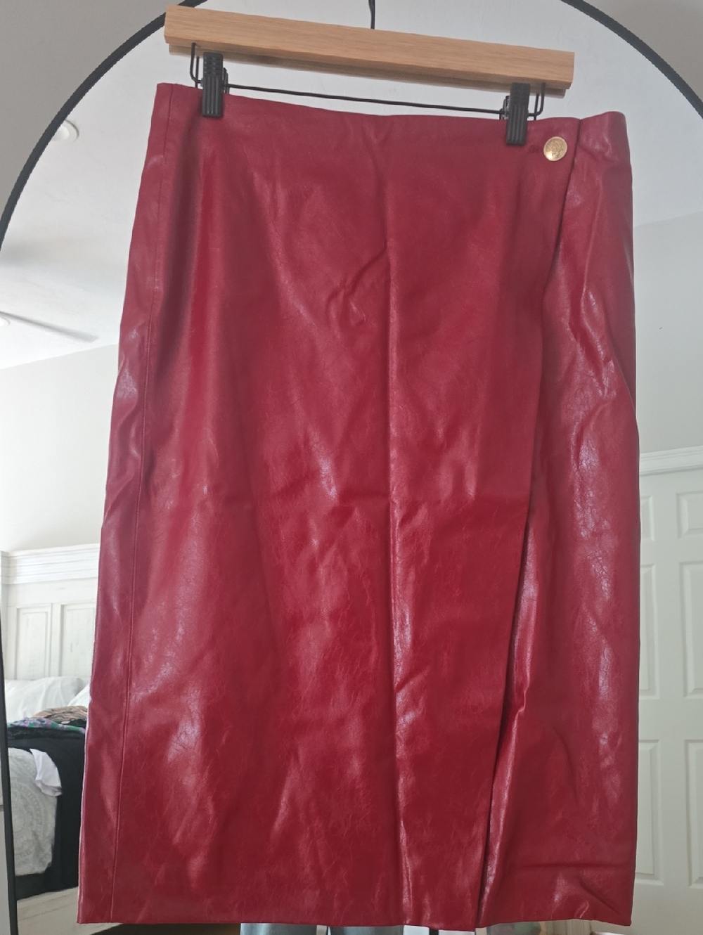 J. Crew Red Faux Leather Pencil Skirt with Gold Button